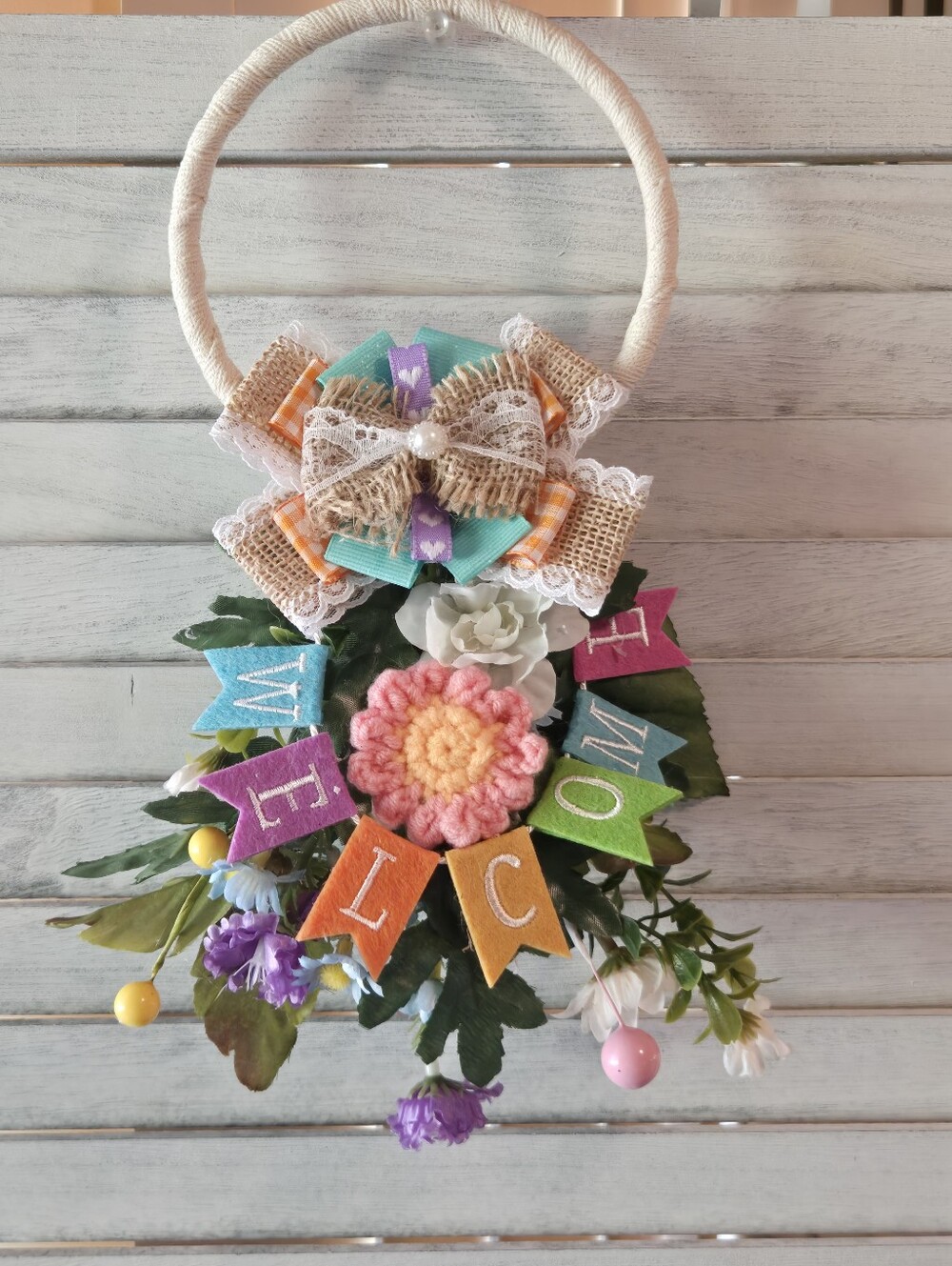 Handmade NWT Welcome Door Hanger Door Knob Hanger Bow Floral Decor Winter Decor
